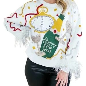 Queen Of Sparkles Poppin Champagne Feather Sweater Size Xs